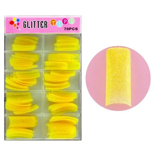 Světle žluté umělé nehty s glitry - 70ks