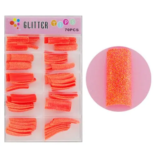 Glitrové tipy na nehty, 70ks - neonově oranžové